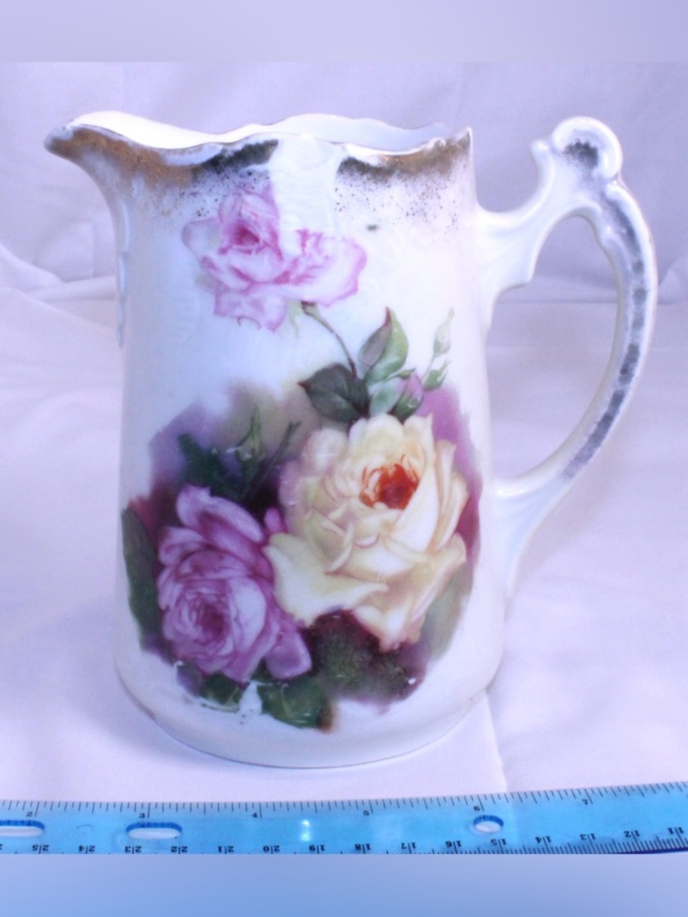 Antique Hand Painted Porcelain Rose Pitcher Gold Gilt Scalloped Rim Jug